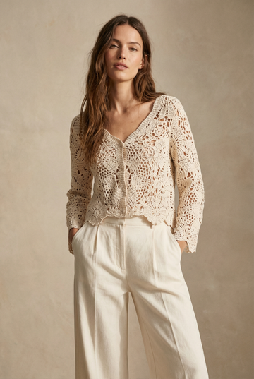 gilet crochet en coton - beige ou blanc