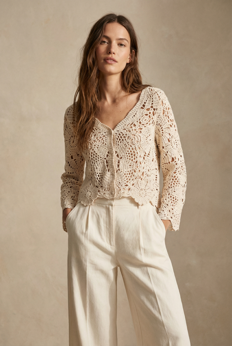 gilet crochet en coton - beige ou blanc vue principale