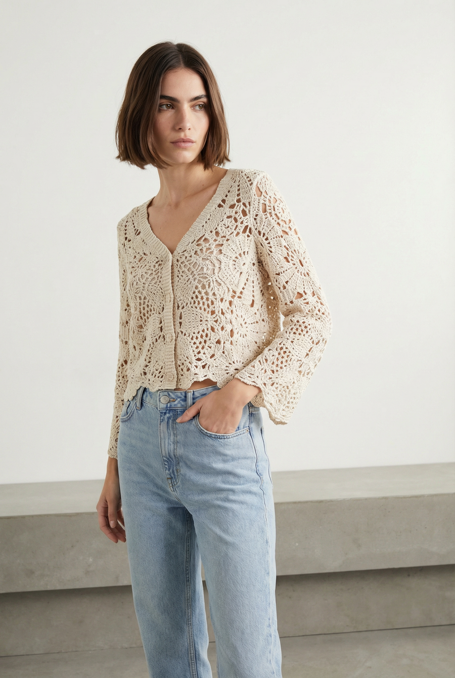 gilet crochet en coton - beige ou blanc détail du produit