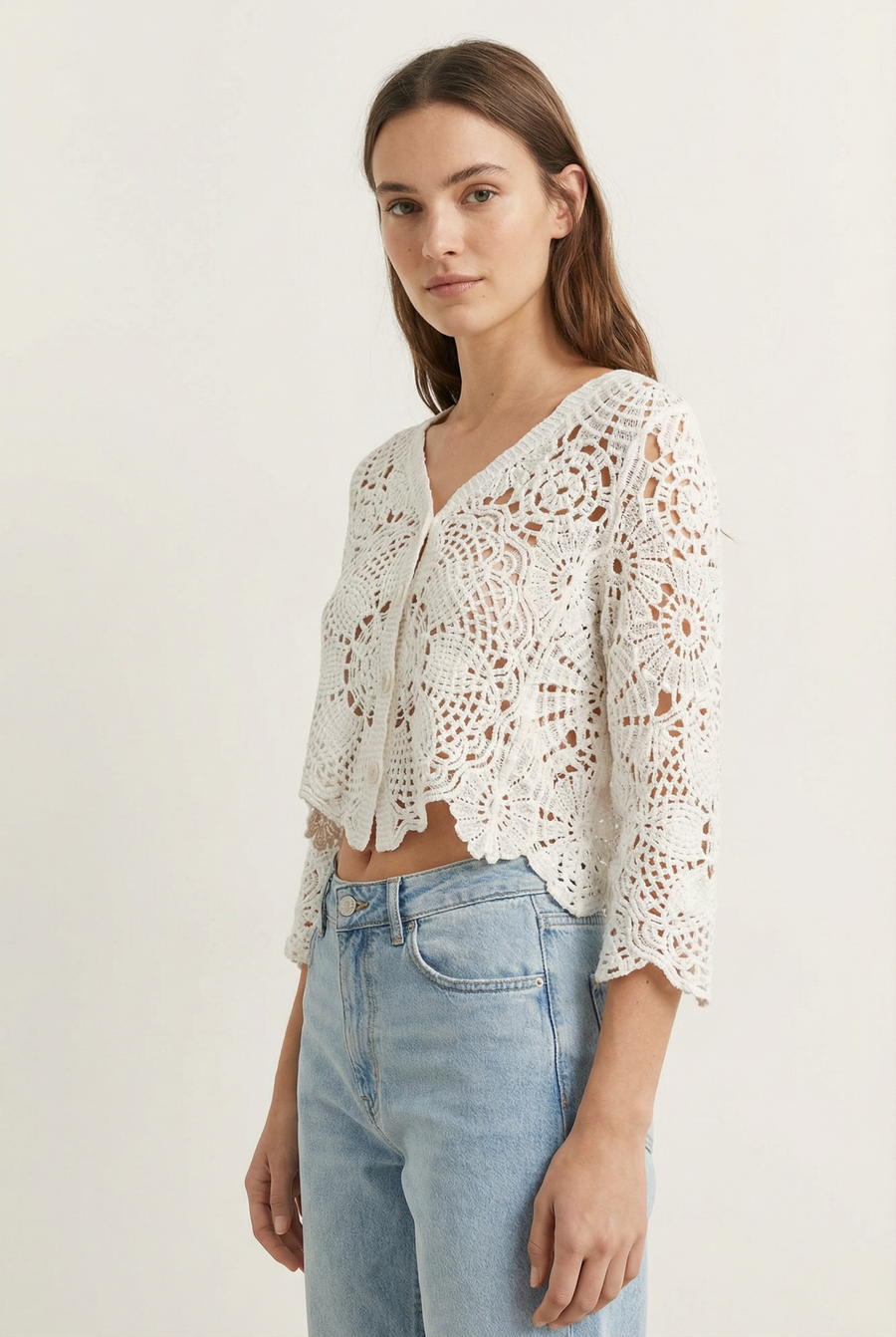 gilet crochet en coton - beige ou blanc vue 6