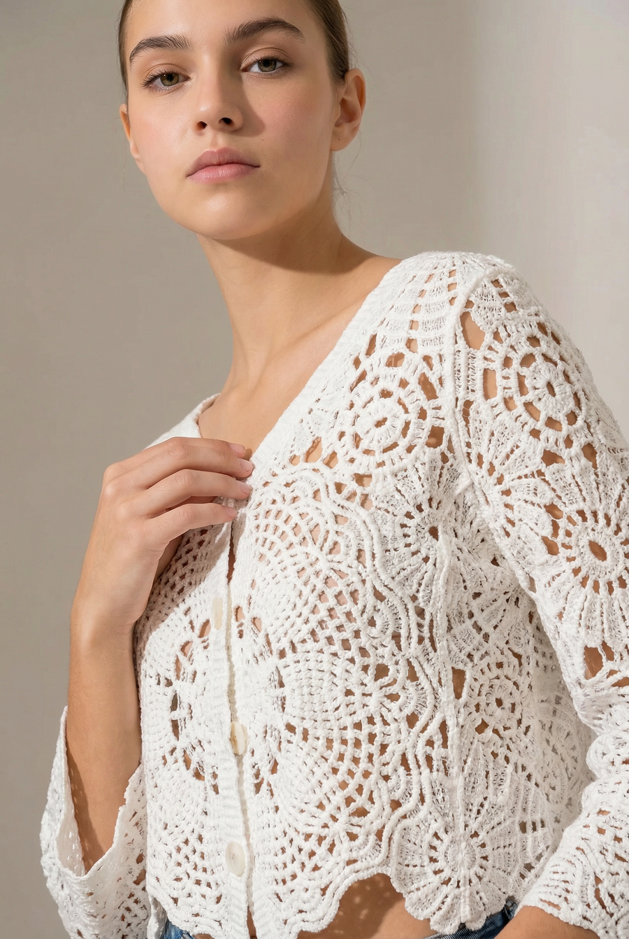 gilet crochet en coton - beige ou blanc vue 7