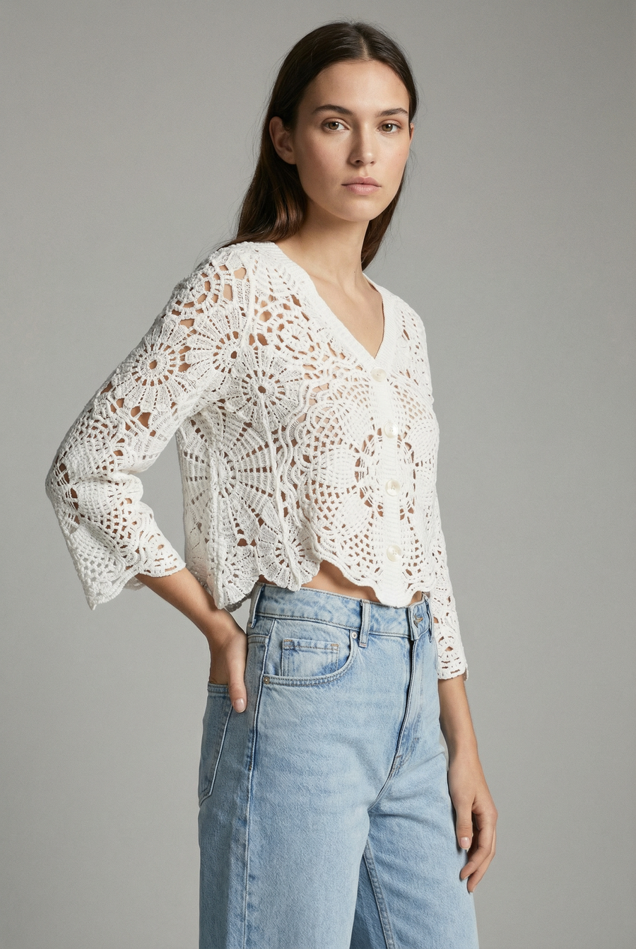 gilet crochet en coton - beige ou blanc vue 9