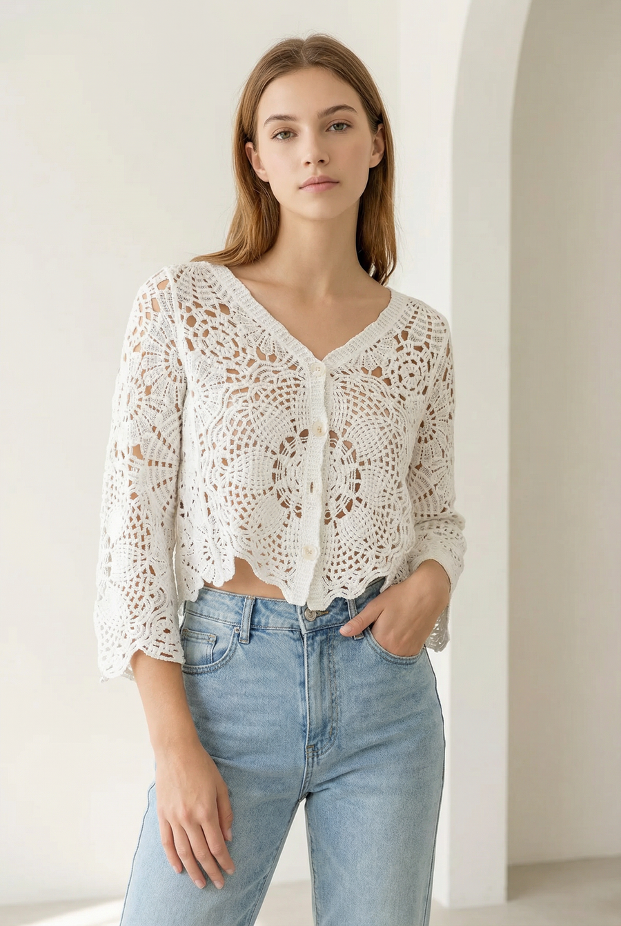 gilet crochet en coton - beige ou blanc vue 13