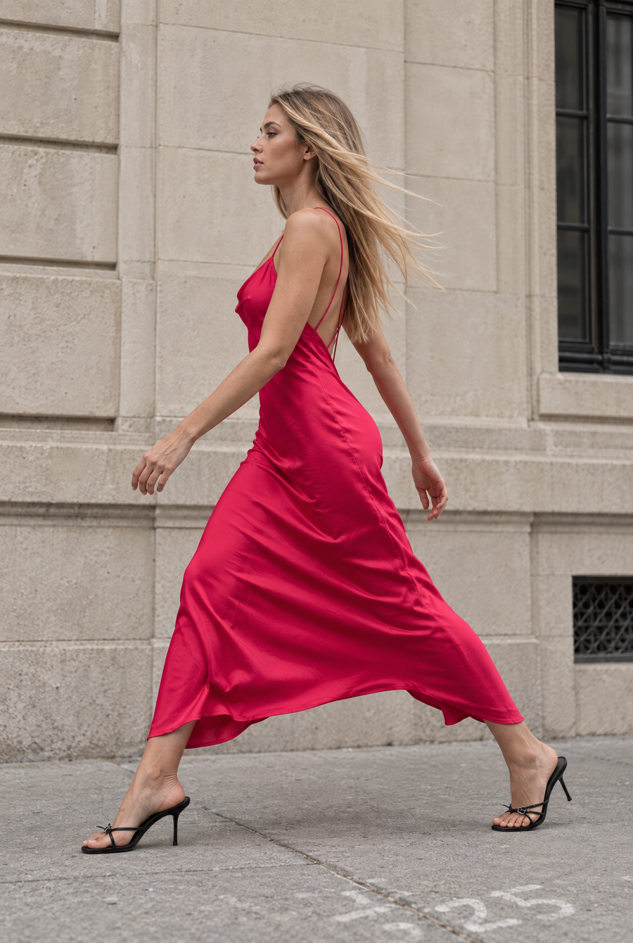 fashion shooting @Robe Dos Nu Satin Rouge Éclatant, Midi Fluide Avec Décolleté Drapé & Bretelles Fines