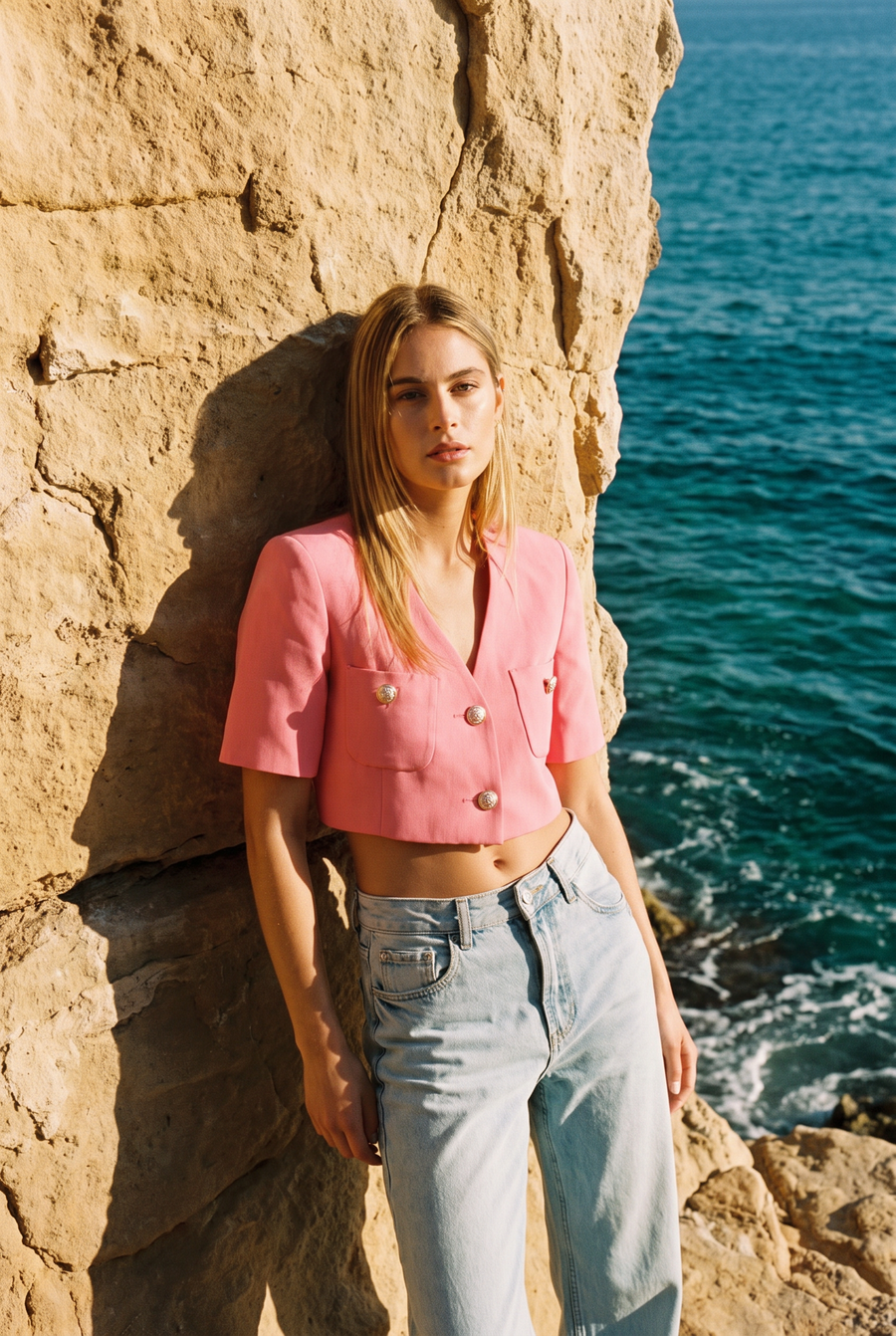 @Blazer Crop Top Rose À Manches courtes