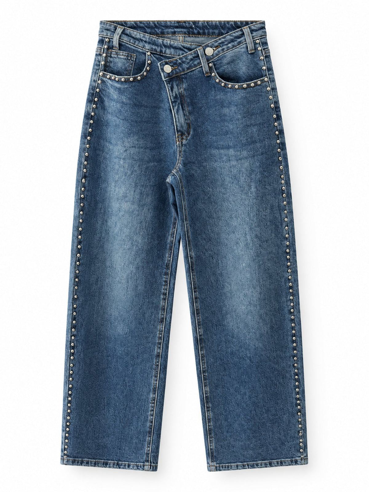 Jean large bleu à ceinture croisée et rivets