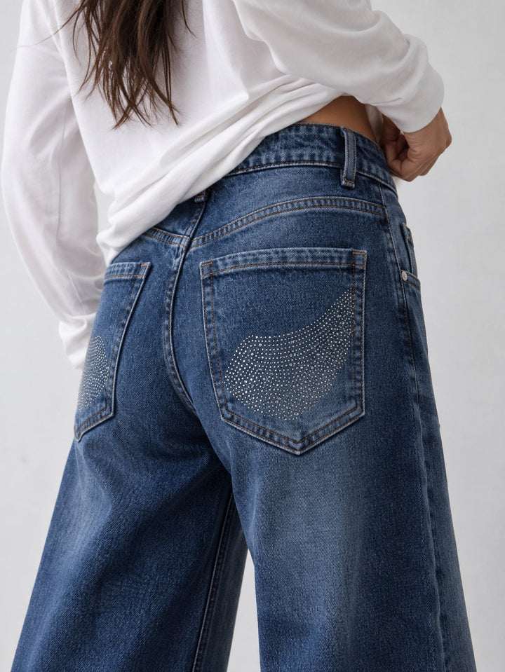 Jean wide leg bleu poches arrière strass