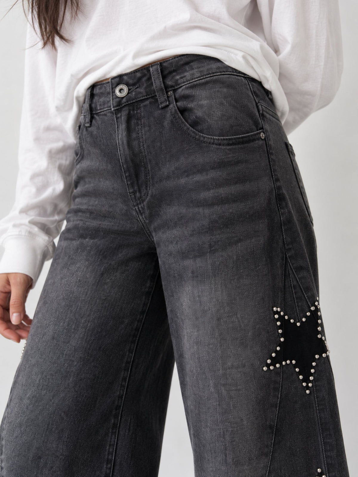 Jean gris taille haute bouton métal