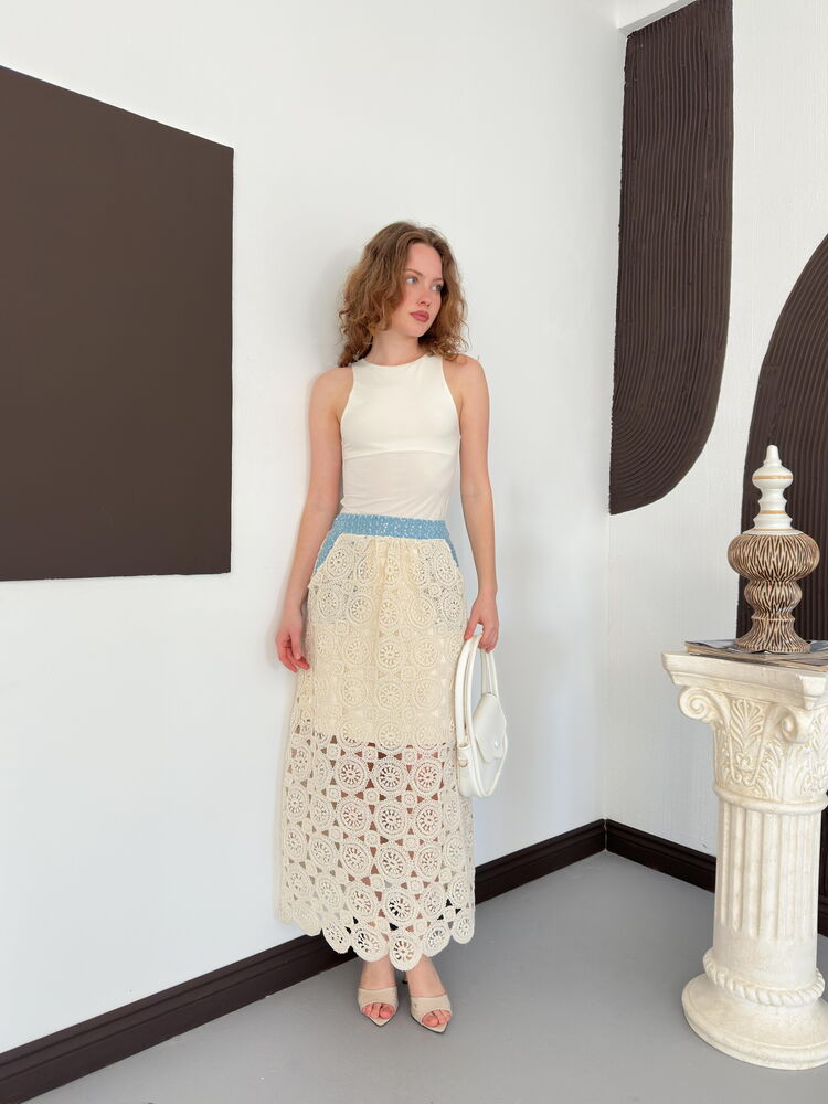 top13834 jupe beige fleurie elegante a line midi taille haute image 3
