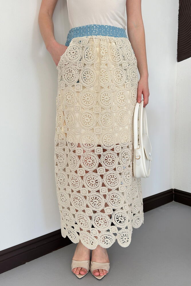 top13834 jupe beige fleurie elegante a line midi taille haute image 4