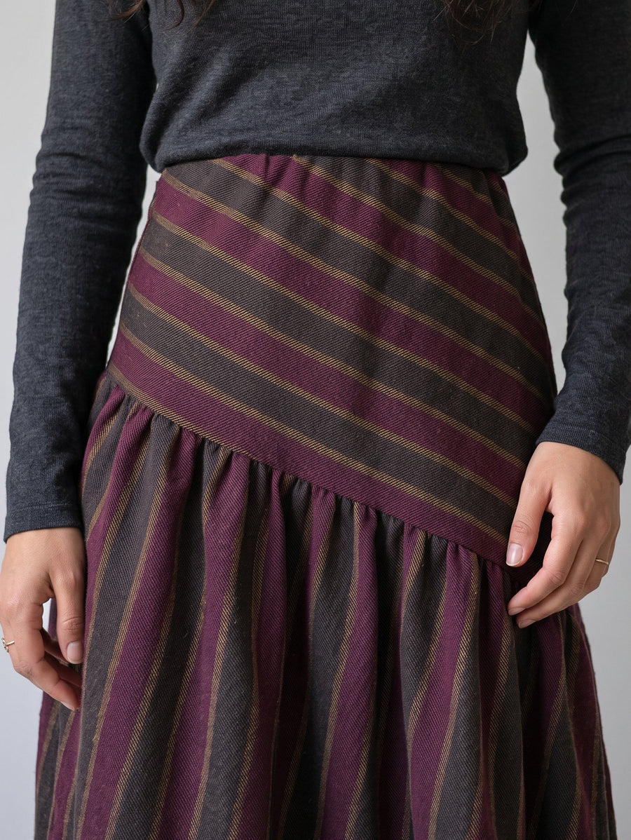 Détail du tissu rayé prune anthracite et ocre