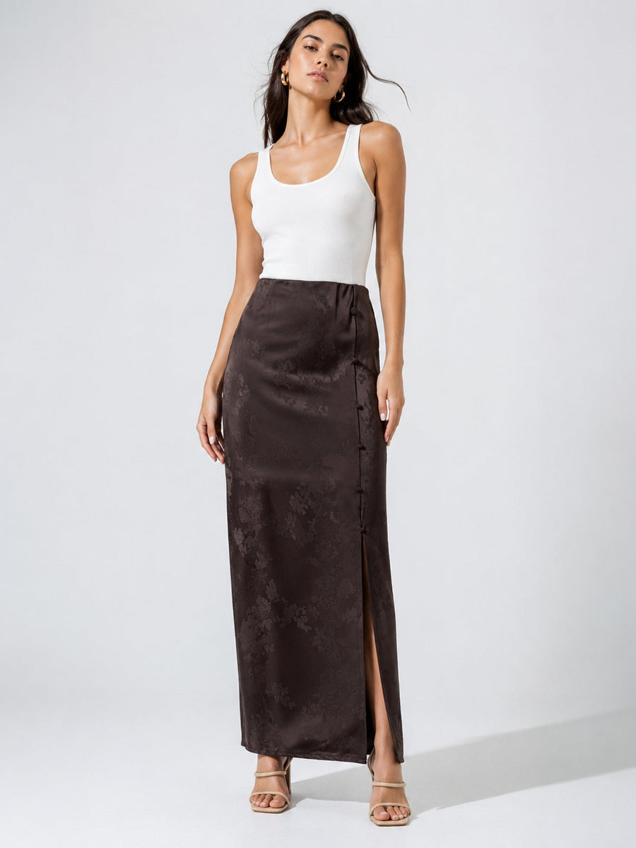 jupe longue satinée jacquard marron