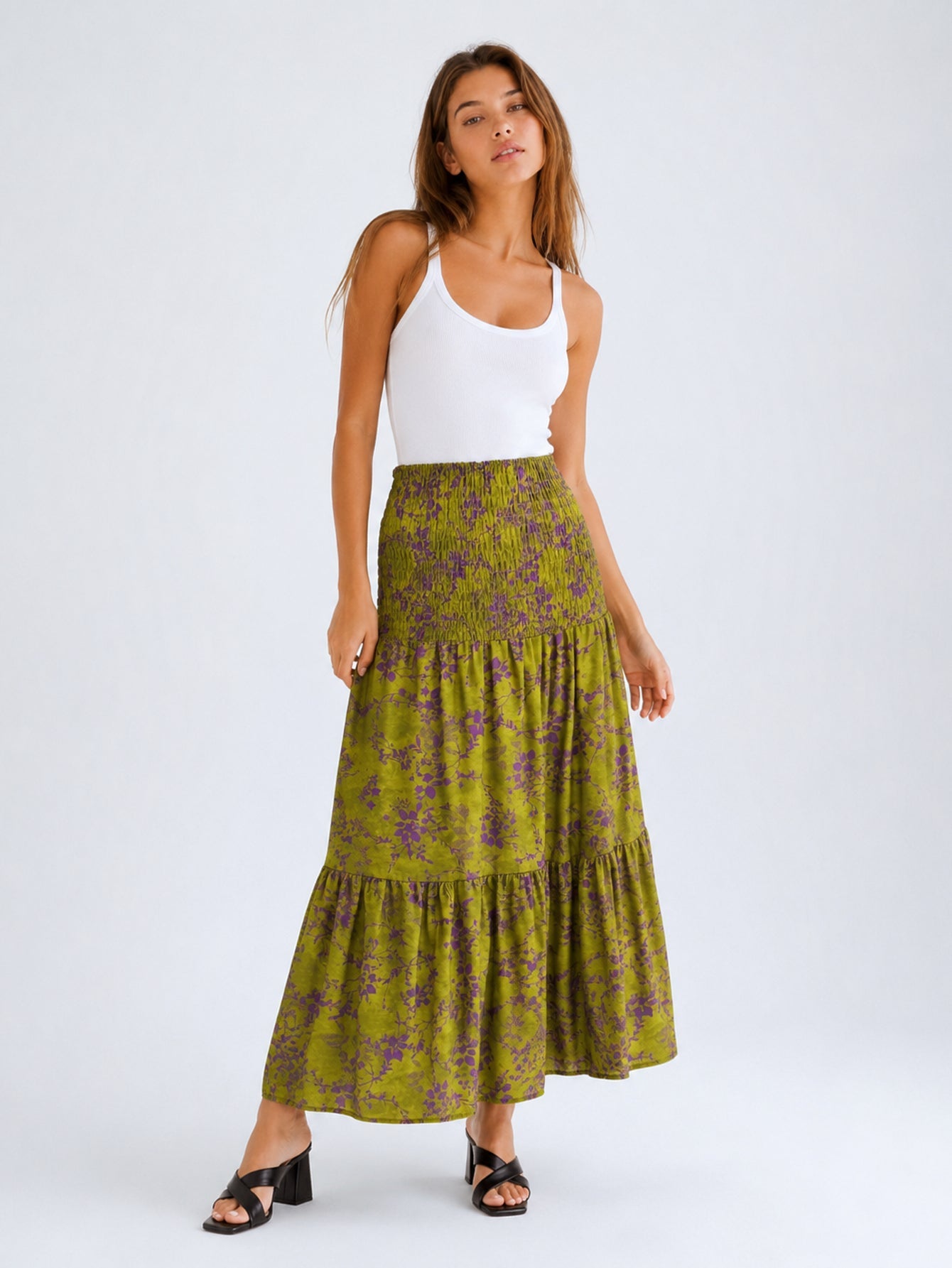Jupe longue fleurie vert olive