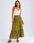 Jupe longue fleurie vert olive