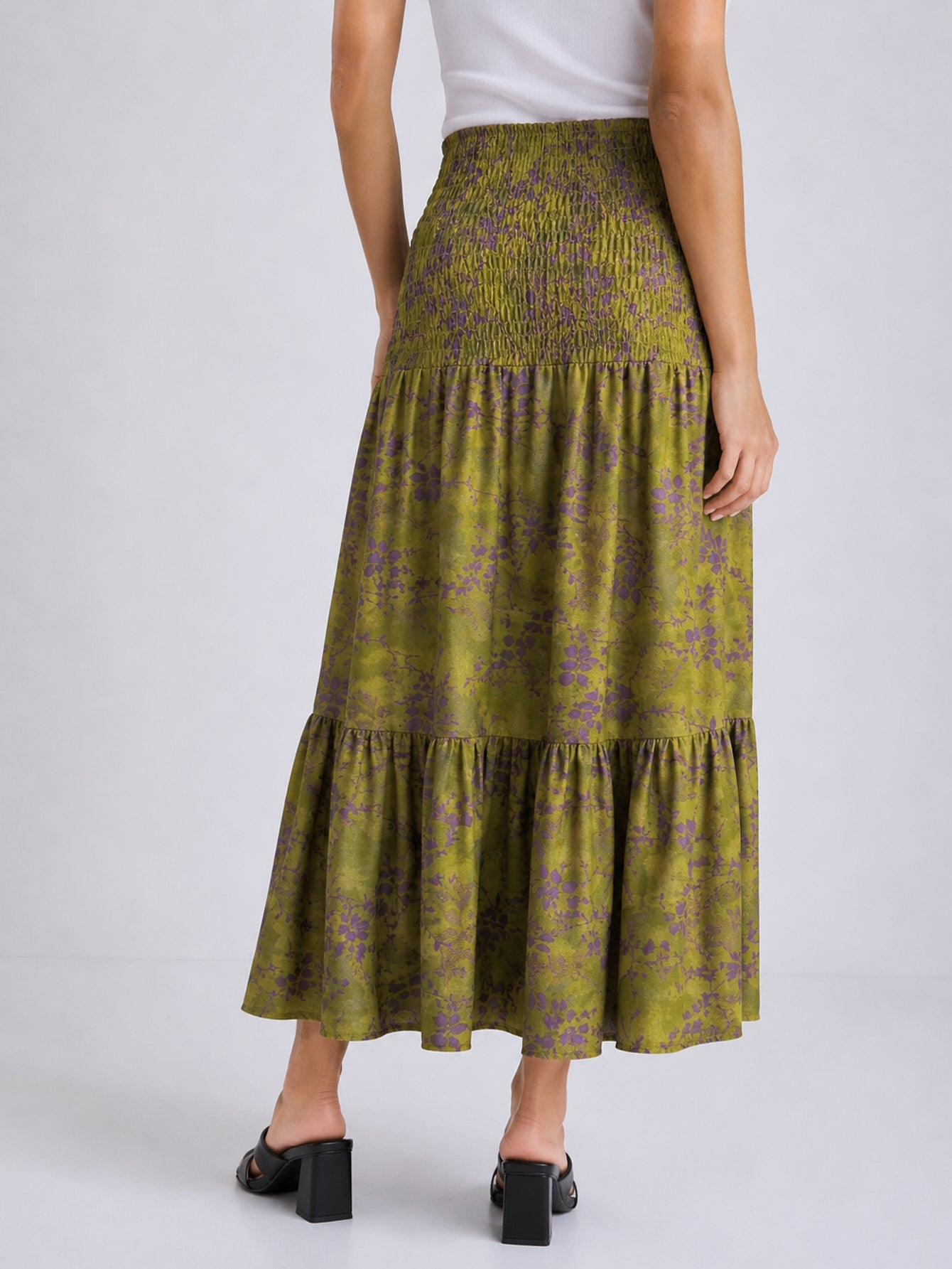 Dos jupe longue fleurie vert olive