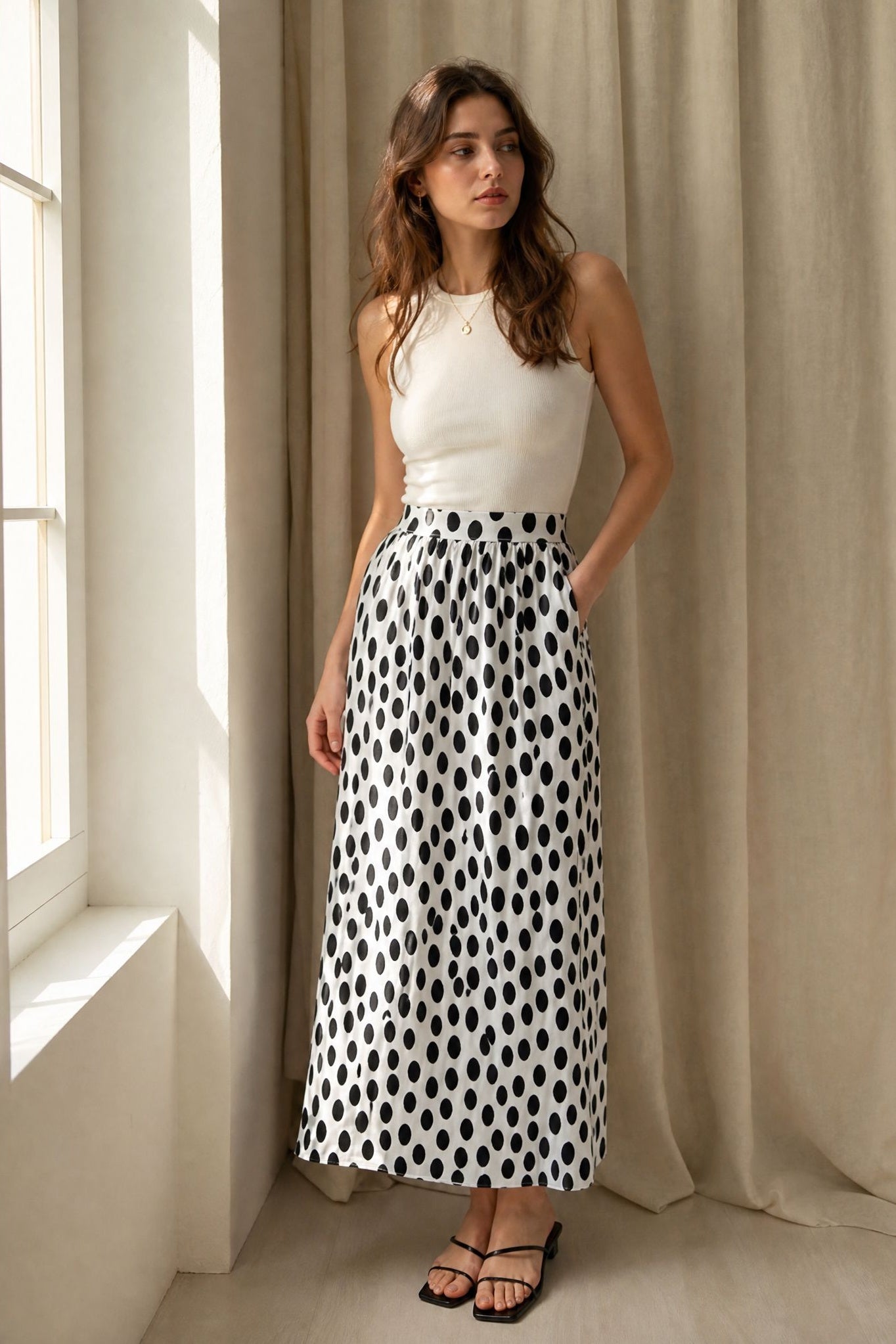Jupe maxi à pois crème