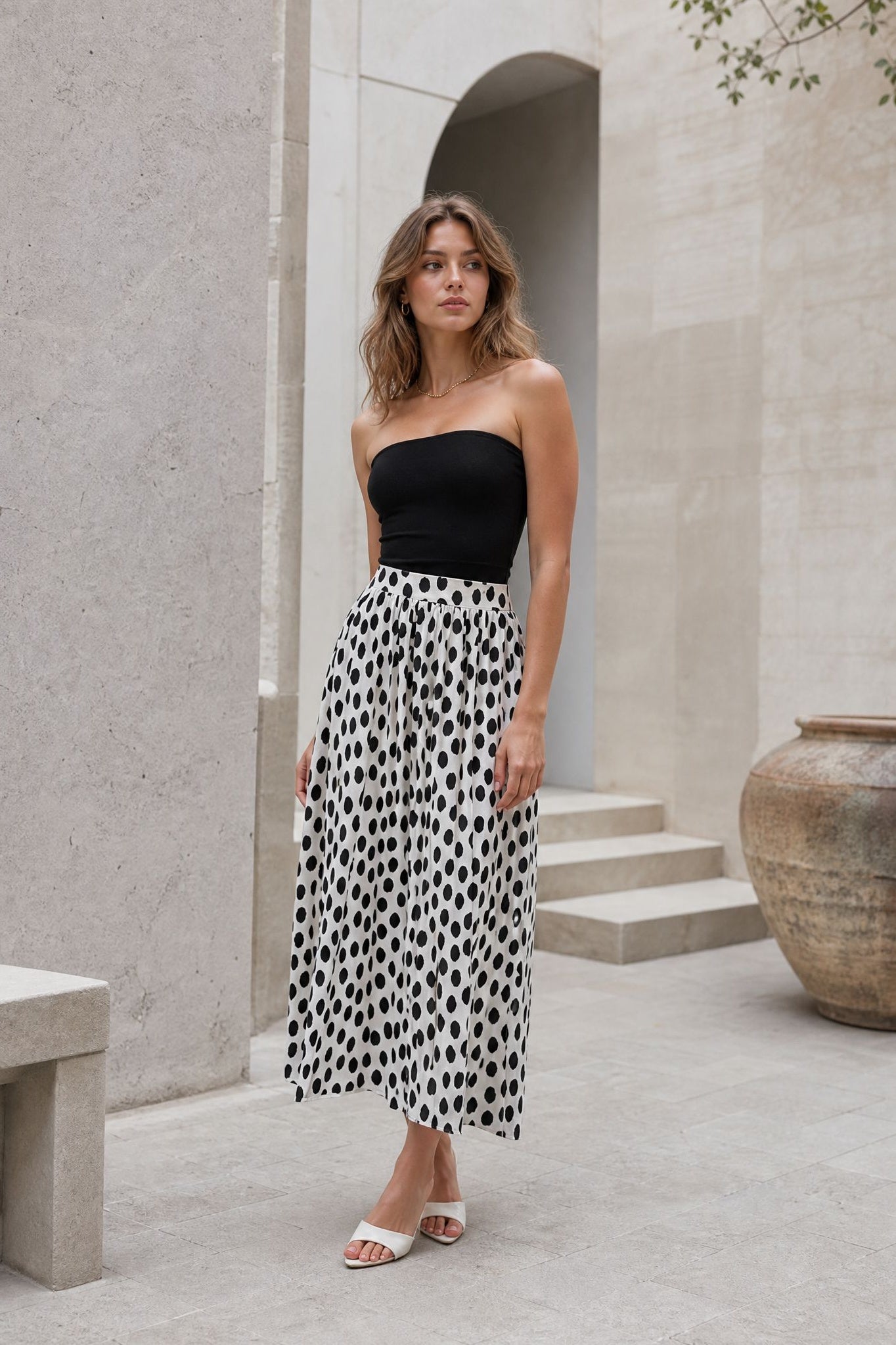 Jupe maxi à pois crème