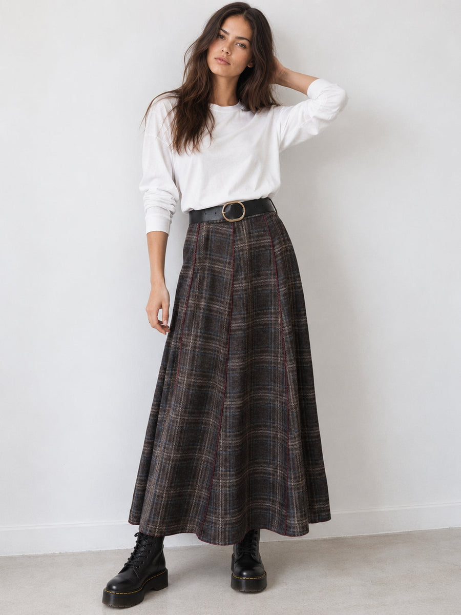 Jupe maxi à carreaux marron