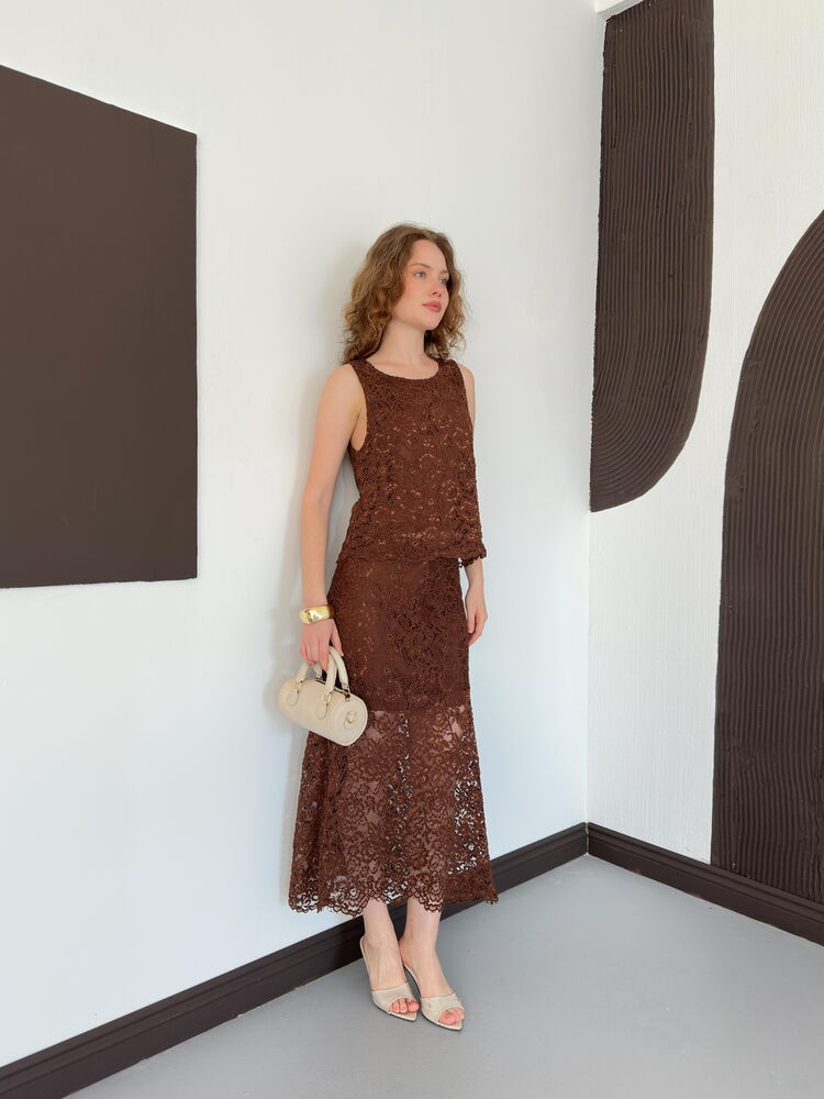 top13801 jupe brun elegante a line maxi taille haute image 2