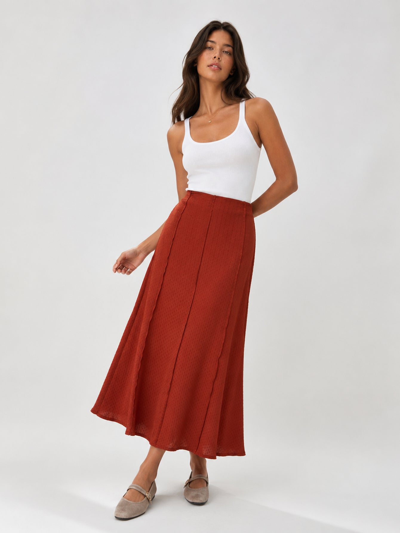 Jupe midi évasée texture jacquard terracotta