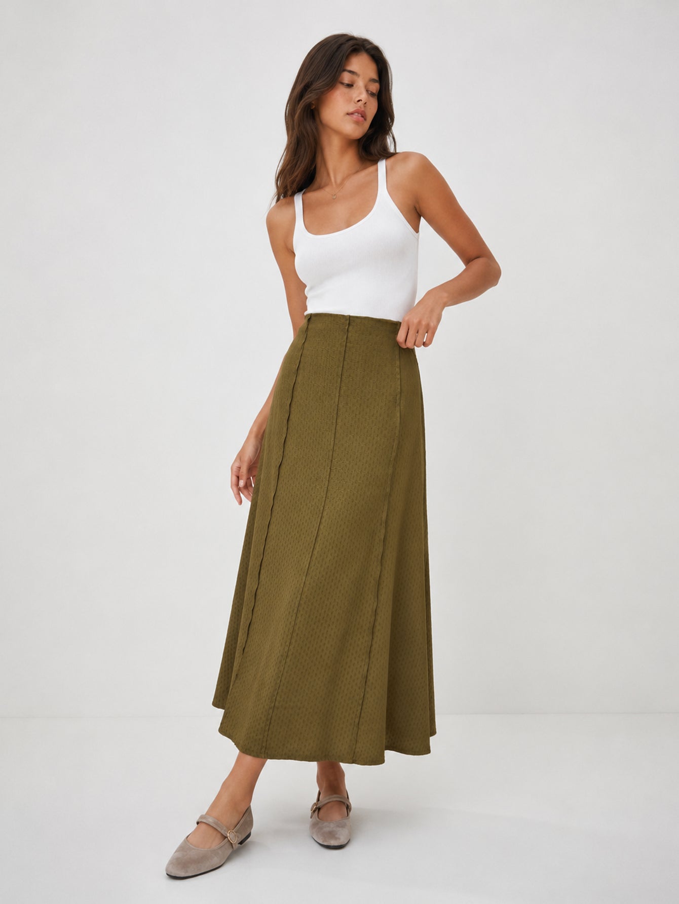 Jupe midi évasée texture jacquard olive
