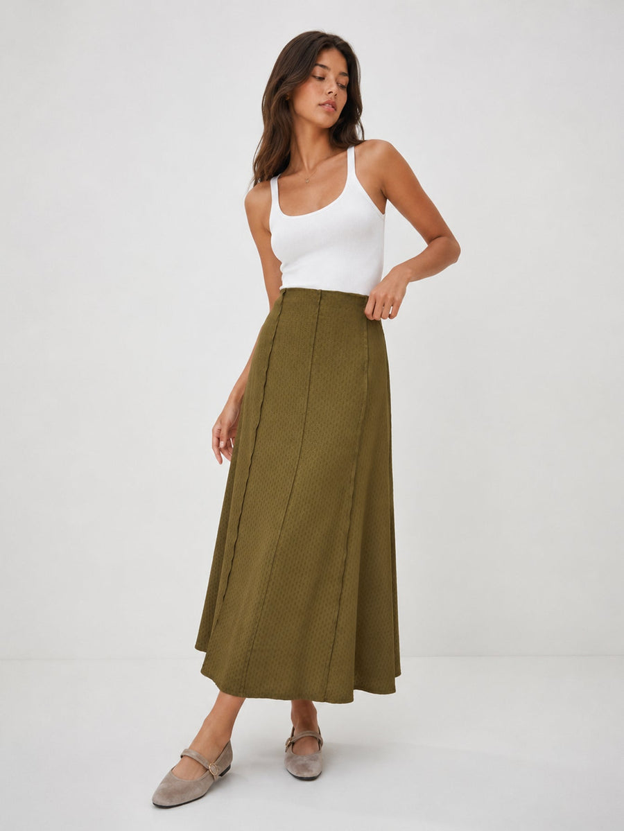 Jupe midi évasée texture jacquard olive