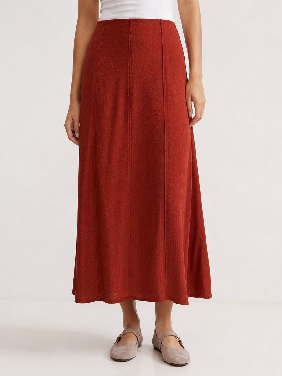 Jupe midi ceinture plate devant terracotta