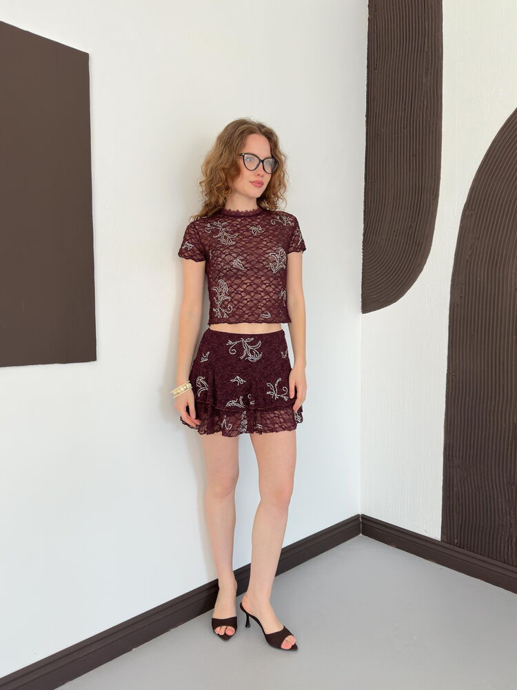 top13800 jupe rouge bordeaux a fleurs superposee mini taille haute image 2