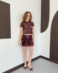 top13800 jupe rouge bordeaux a fleurs superposee mini taille haute image 2