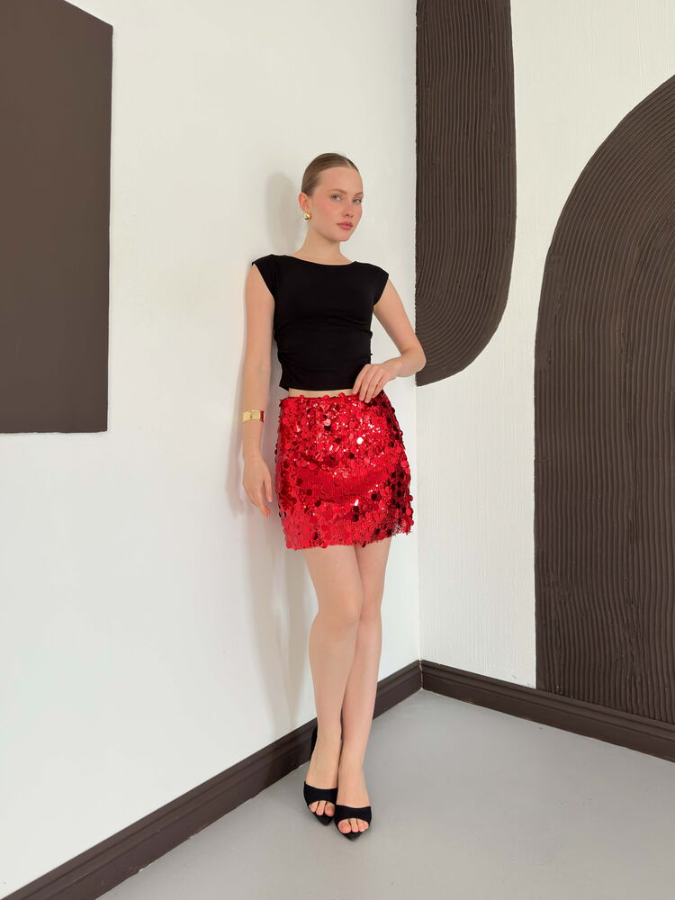 top13862 jupe moulante mini rouge a paillettes image 2