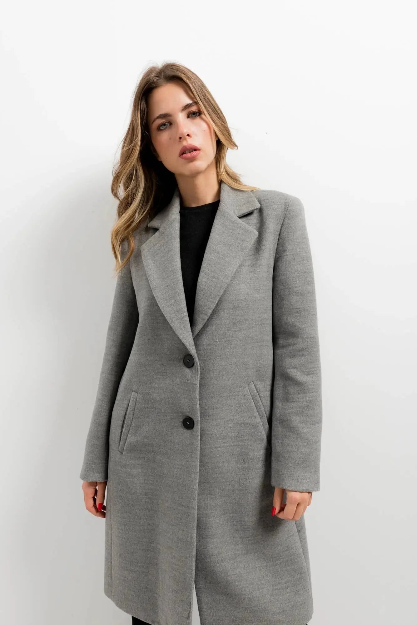 Manteau ajusté en laine pour femme, long cintré, gris avec boutons et revers
