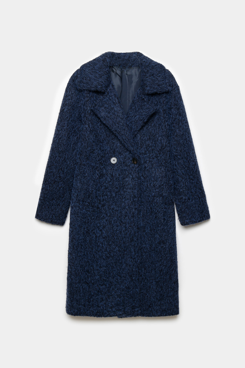 Manteau bleu marine texturé à col tailleur, présenté à plat de face.