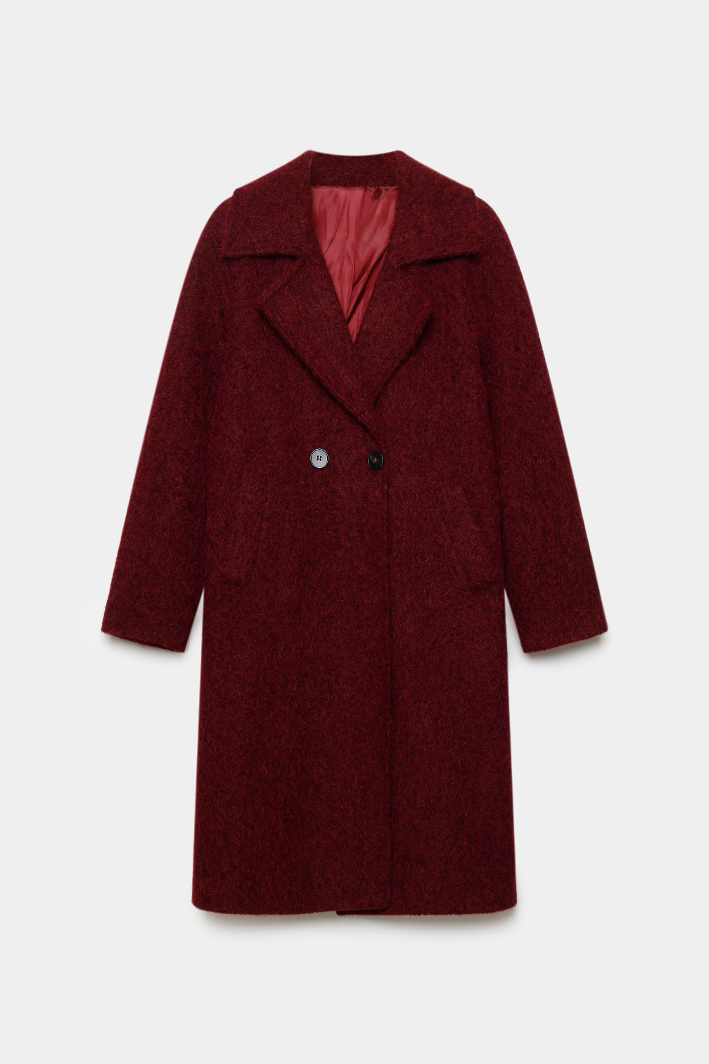 Manteau bordeaux texturé à col tailleur et boutons, présenté à plat de face.