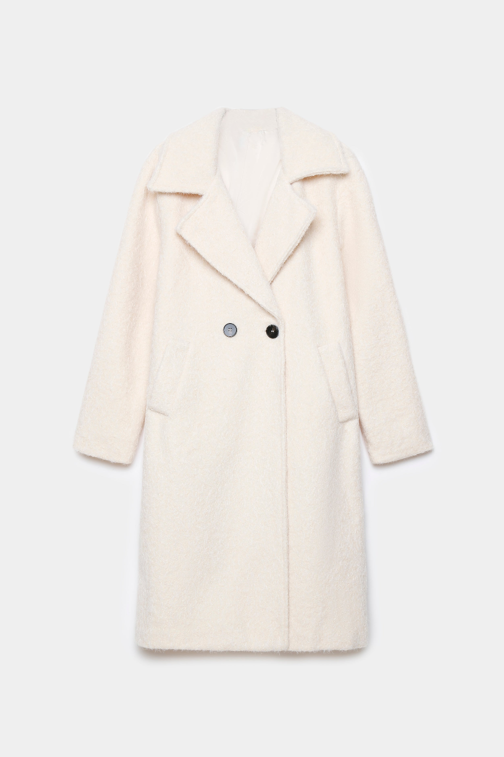 Manteau écru texturé à col tailleur et boutons, présenté à plat de face.