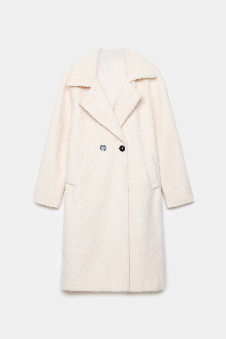 Manteau écru texturé à col tailleur et boutons, présenté à plat de face.