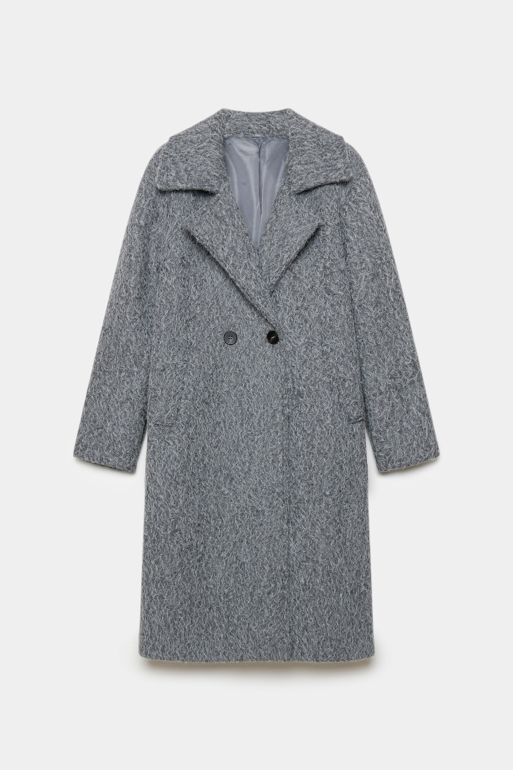 Manteau gris texturé à col tailleur et boutons, présenté à plat de face.