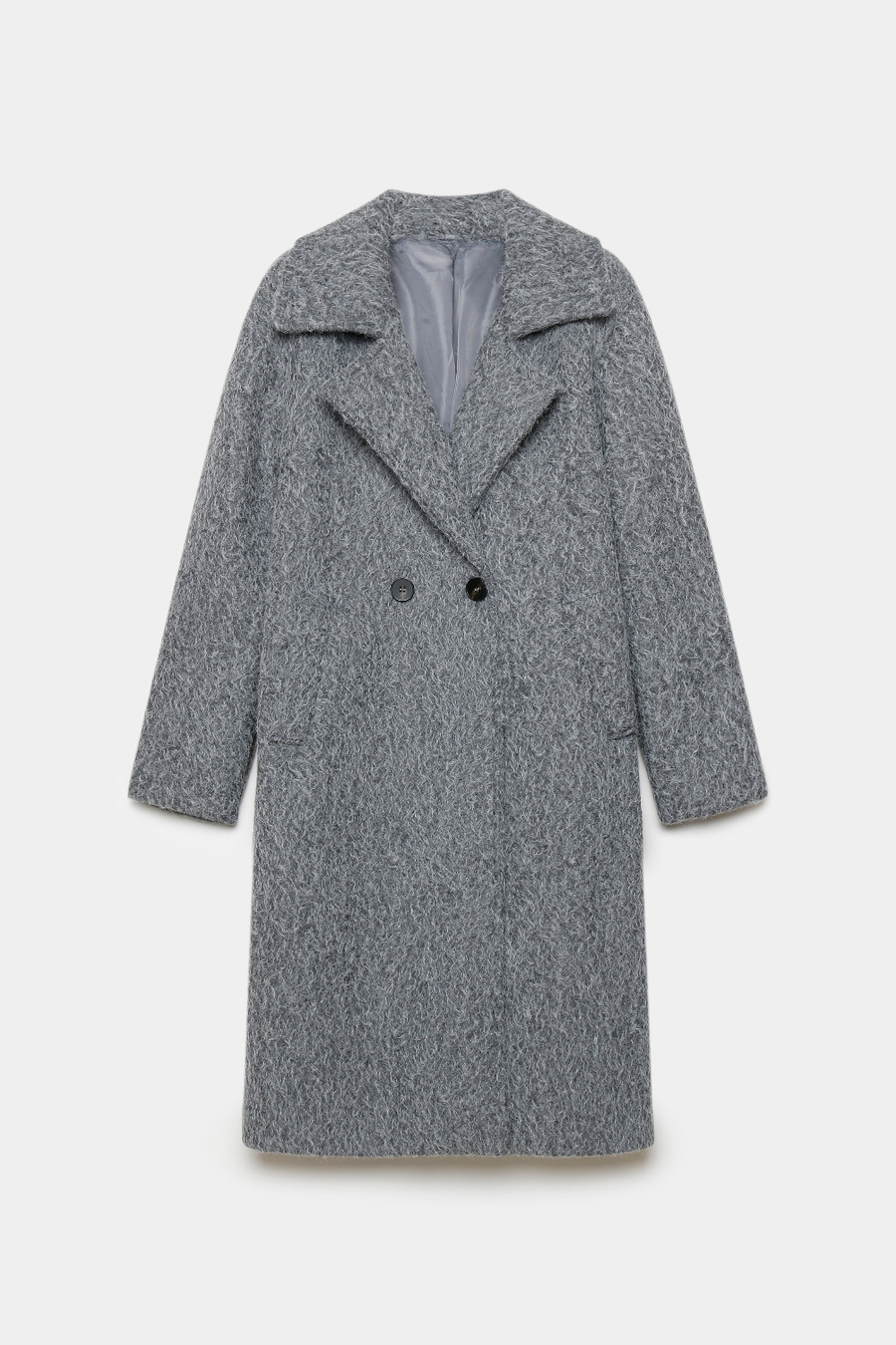 Manteau gris texturé à col tailleur et boutons, présenté à plat de face.