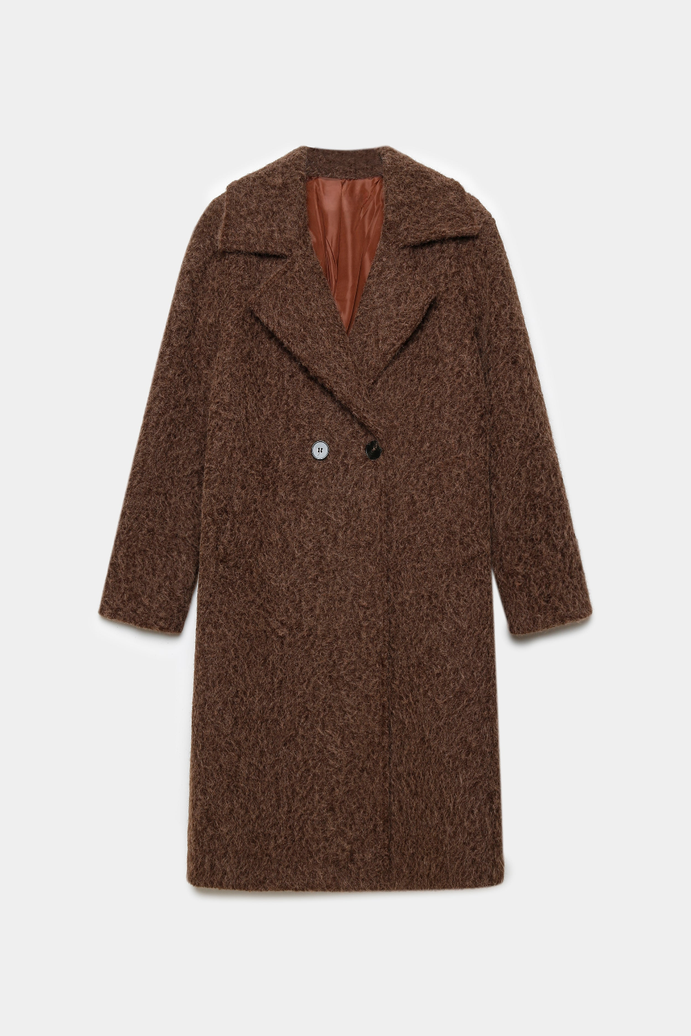 Manteau marron à col tailleur et boutons, présenté à plat de face.
