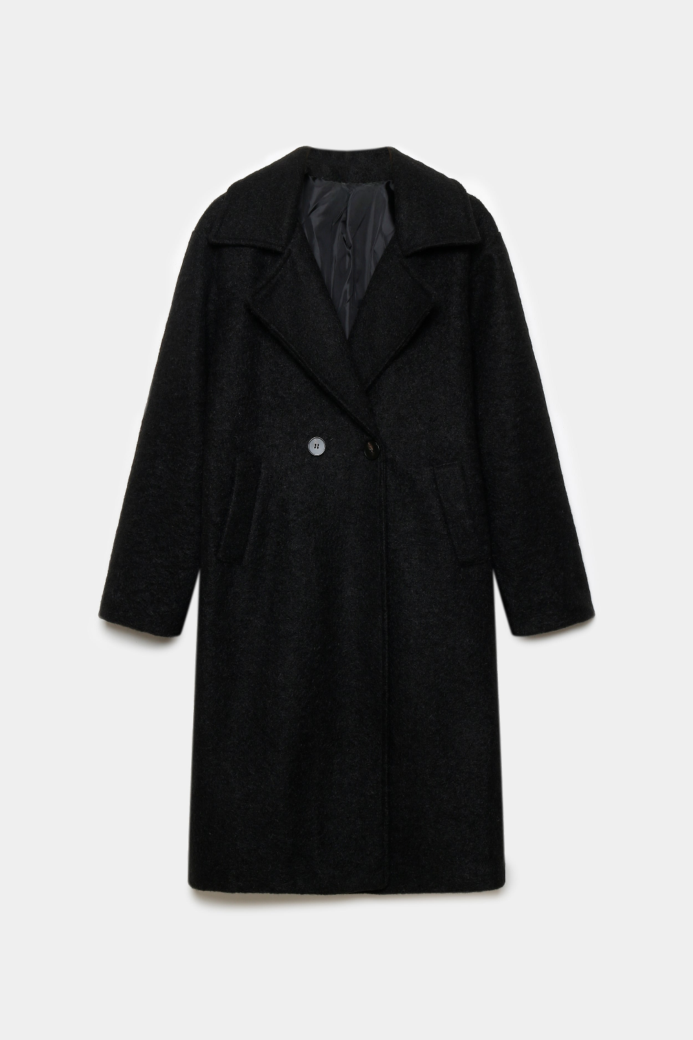 Manteau noir texturé à col tailleur et boutons, présenté à plat de face.