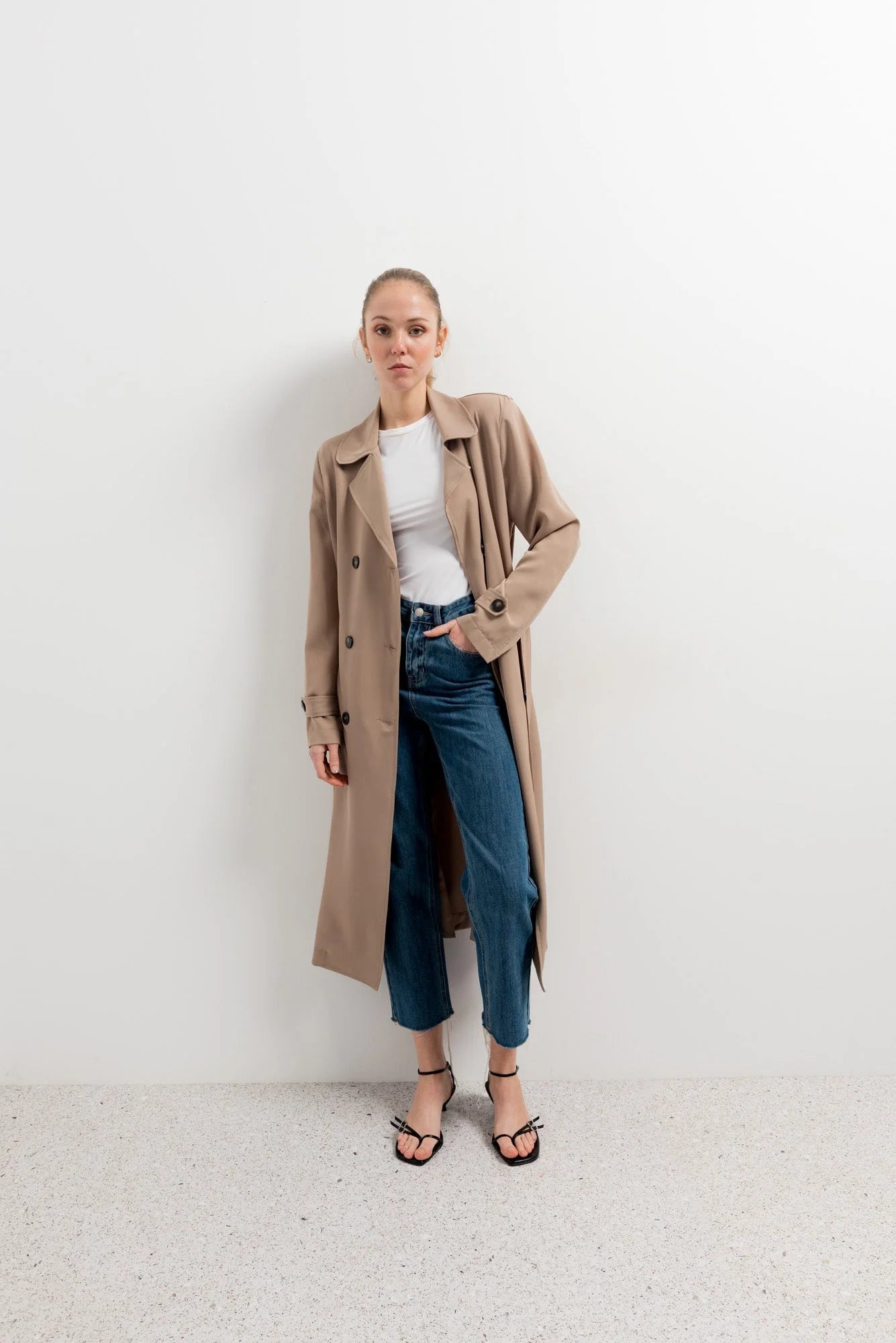 Manteau trench oversize long marron clair avec revers à notched lapel