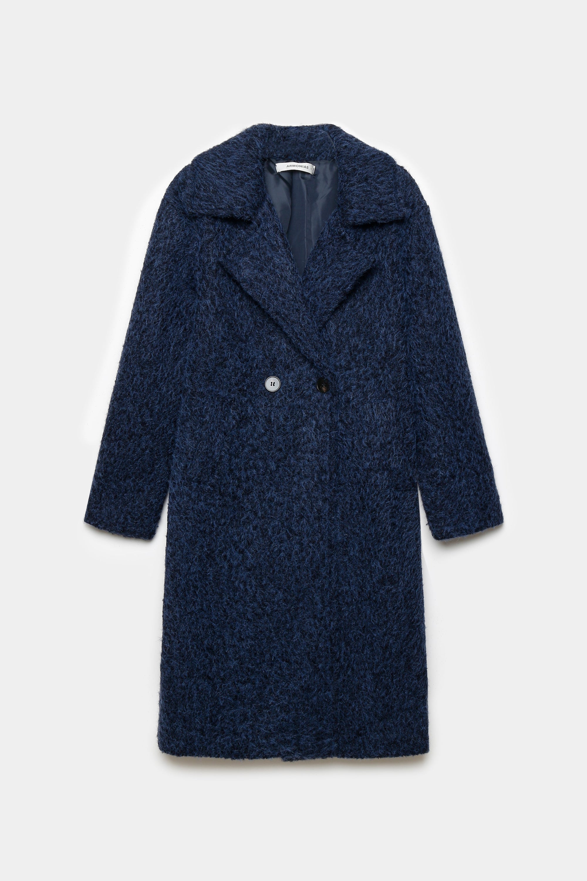 Manteau long femme effet fourrure synthétique bleu marine, élégant et confortable pour affronter le froid.