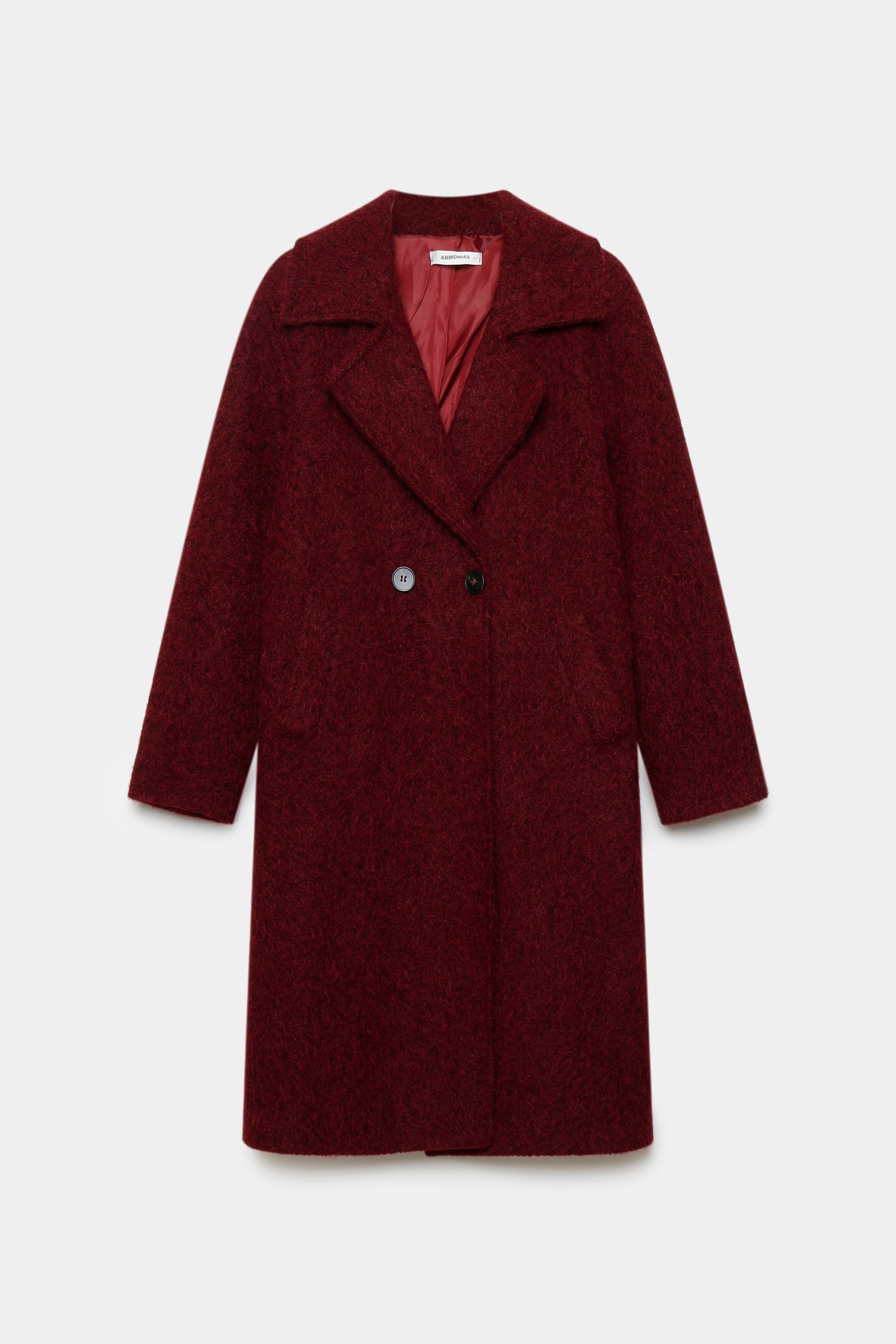 Manteau long femme effet fourrure synthétique bordeaux affiché sur un fond blanc, mettant en valeur sa coupe droite.