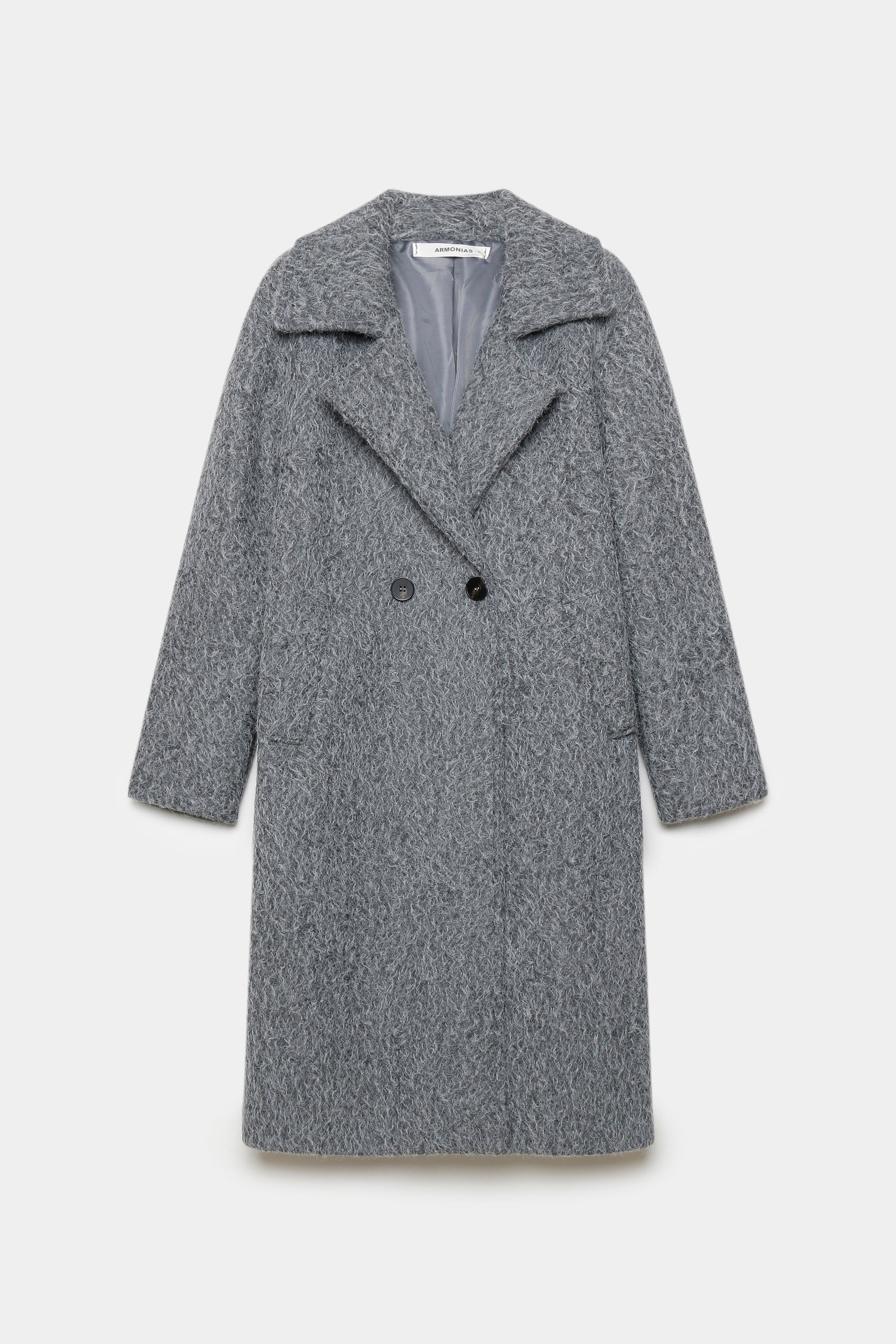 Manteau long femme effet fourrure synthétique gris, coupé droit avec boutons, idéal pour le quotidien.