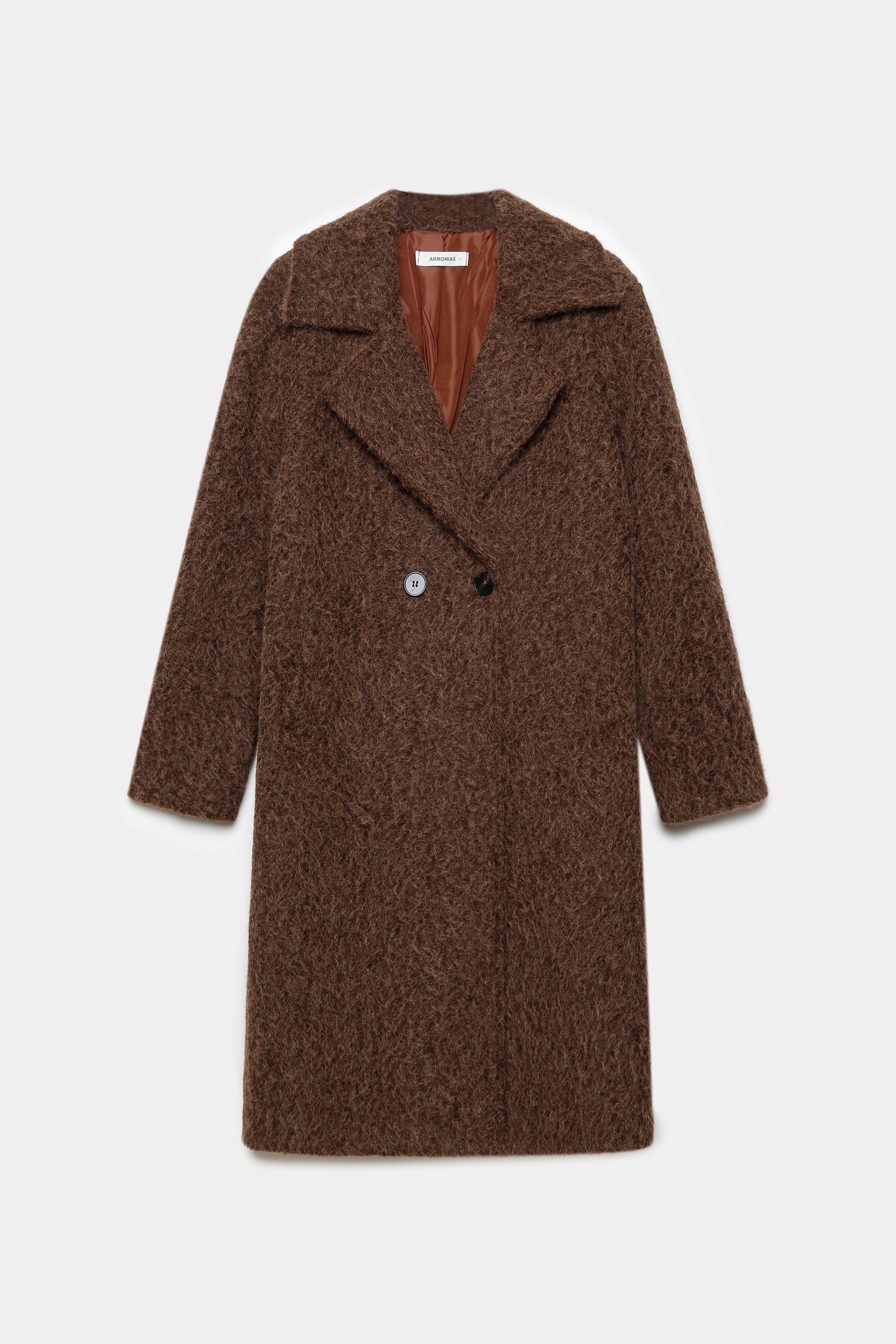 Manteau long femme effet fourrure synthétique marron, style élégant avec poches latérales, parfait pour le froid.