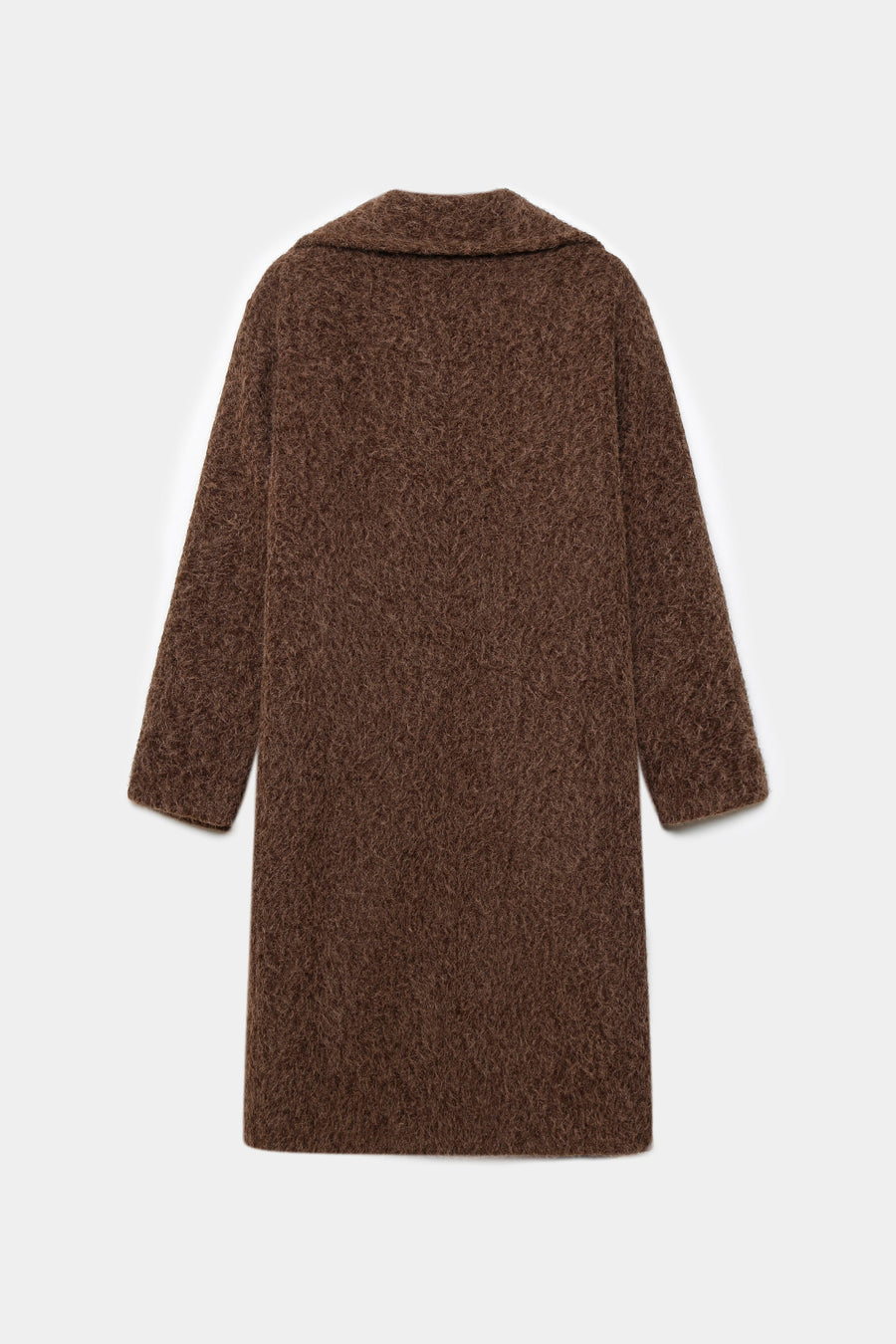 Dos du manteau long femme effet fourrure synthétique marron, montrant sa coupe épurée et élégante.