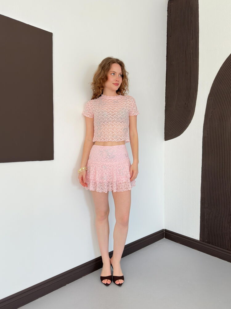 top13803 jupe mini evasee rose taille haute image 3