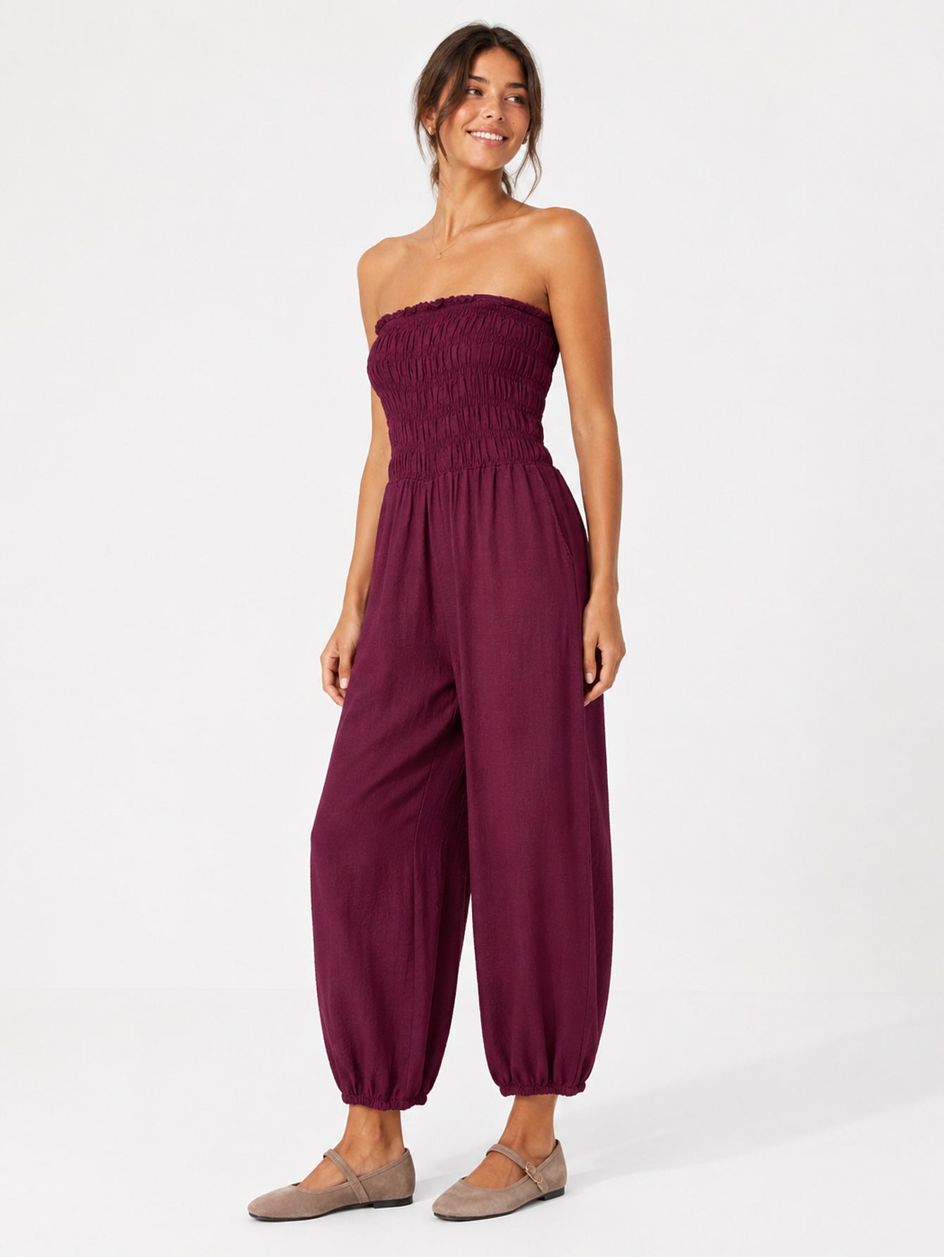 Combinaison bustier smockée bordeaux
