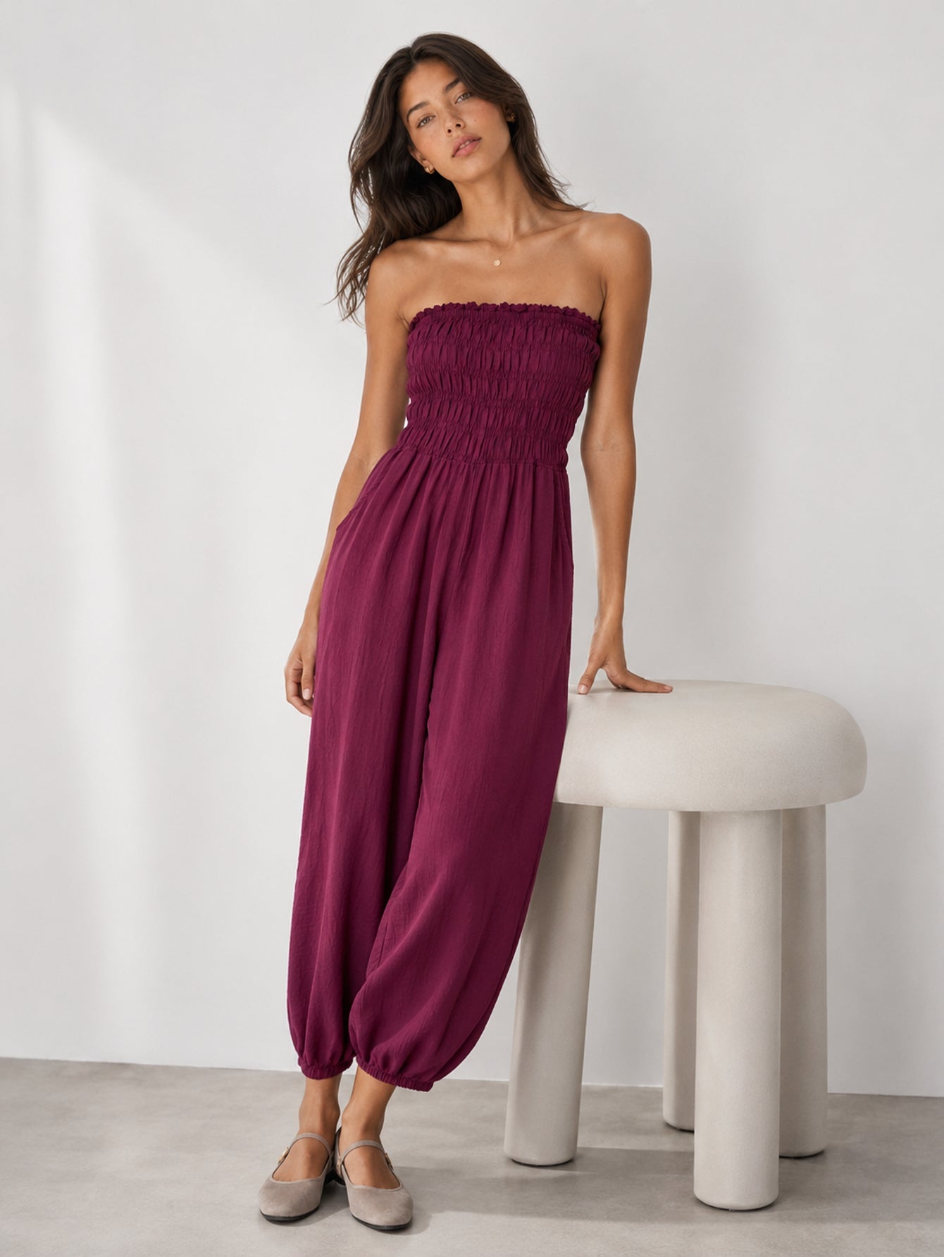 Combinaison bustier smockée bordeaux