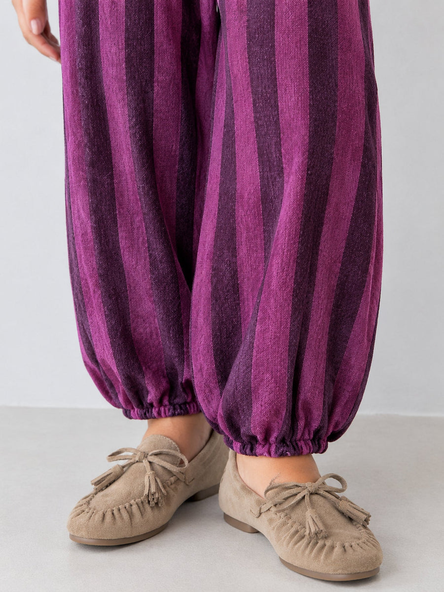 Gros plan sur le bas resserré du pantalon à rayures violettes et foncées.