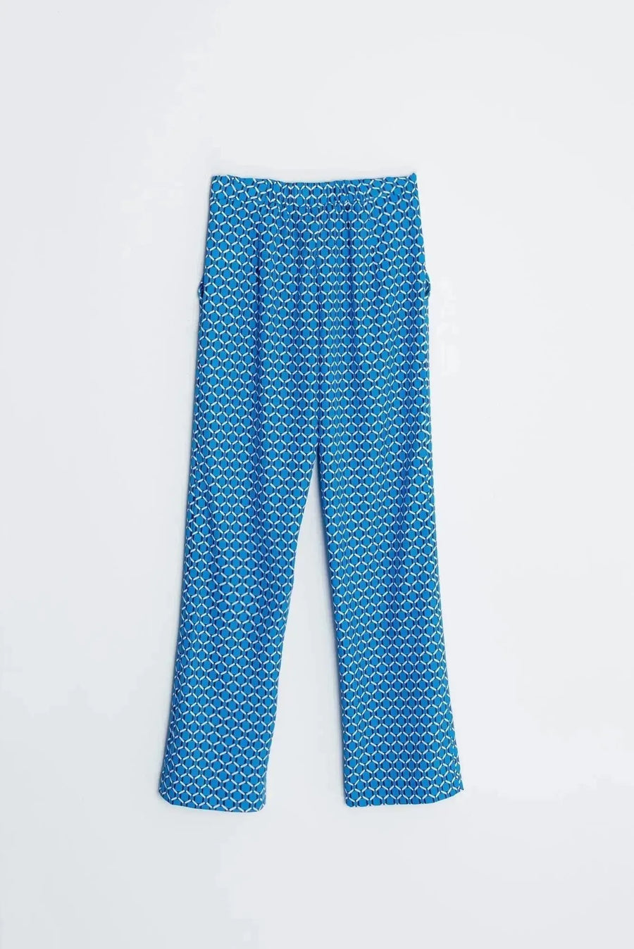 Détails du pantalon imprimé taille haute à jambe large, montrant les motifs distincts du pantalon motif femme.